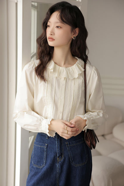 Ruffle Lace Collar Apricot Shirt