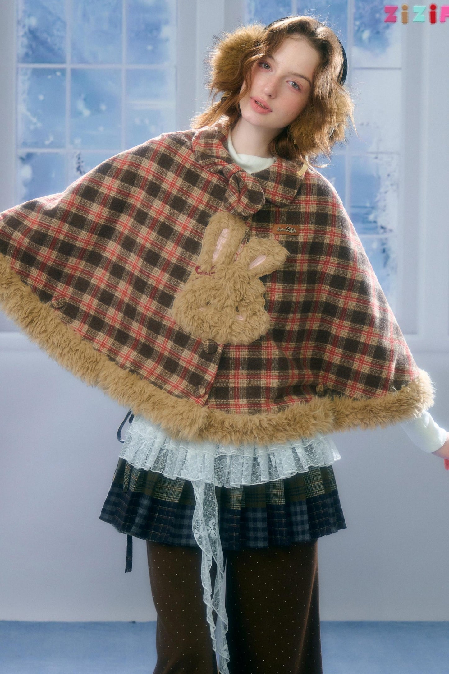 Fairy Tale Plaid Rabbit Cape Coat