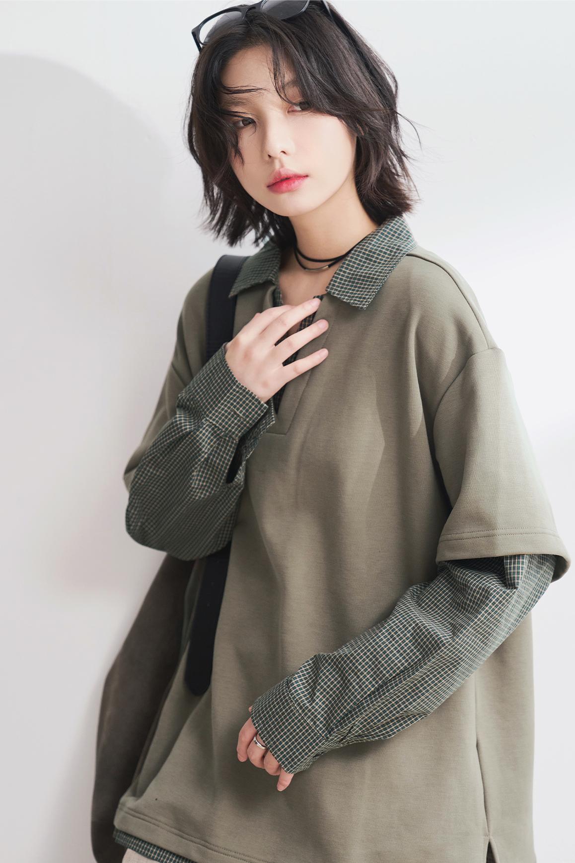 Shirt Collar Faux Two-Piece Tops