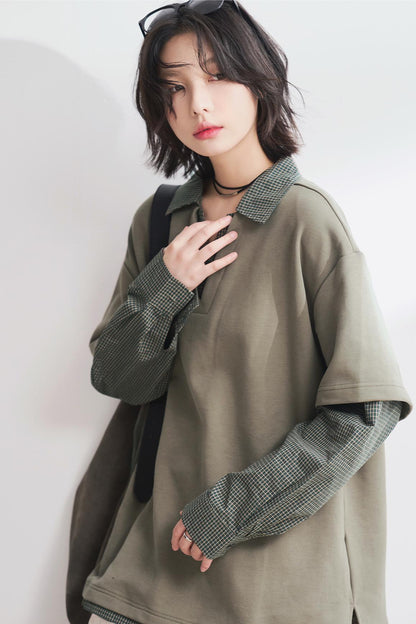 Shirt Collar Faux Two-Piece Tops