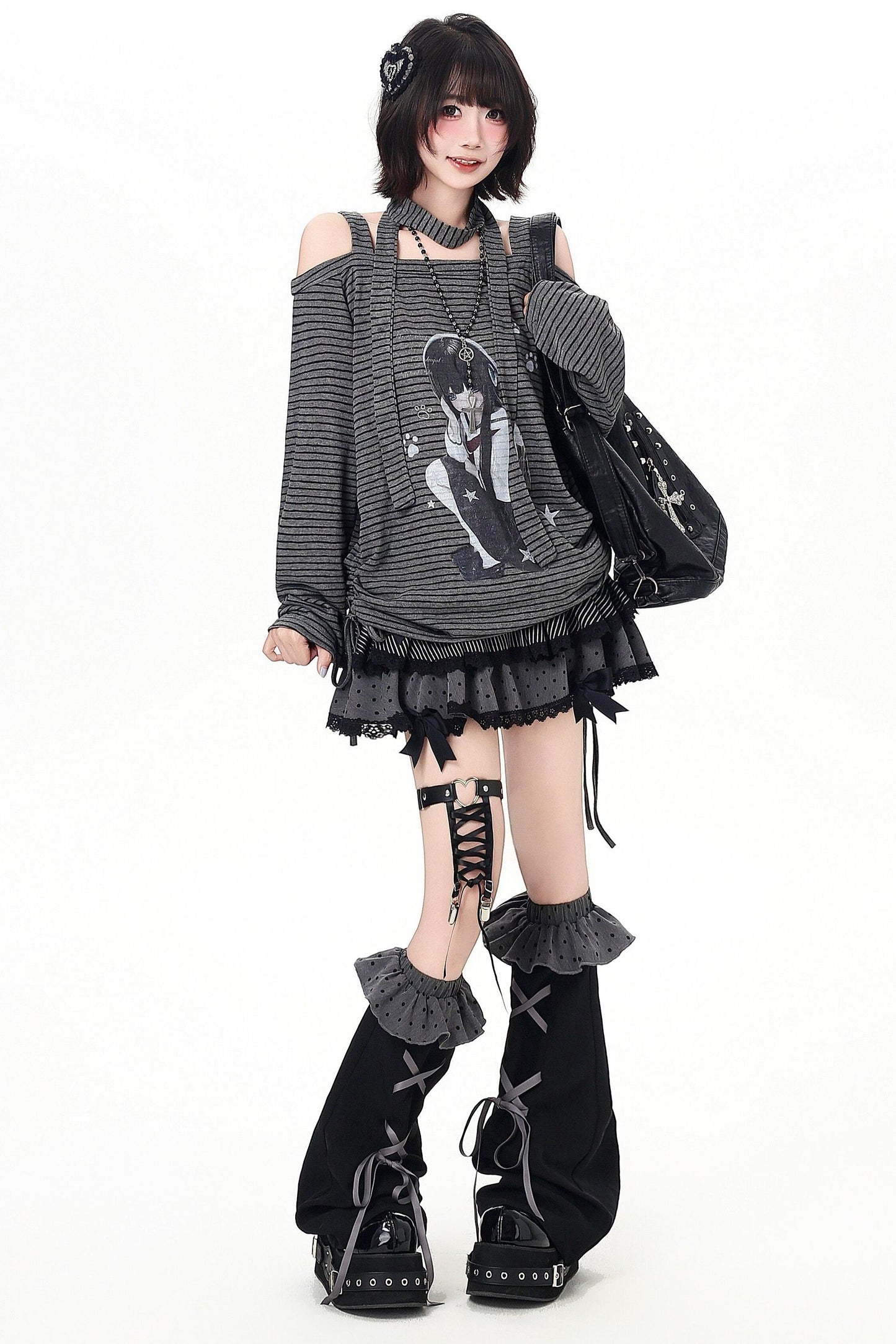 ストライプオフショルダードロストルーズロンT（ストール付き）