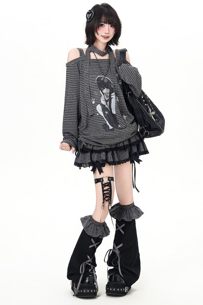 ストライプオフショルダードロストルーズロンT（ストール付き）