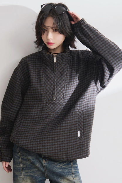 Half-zip stand collar check sweatshirt