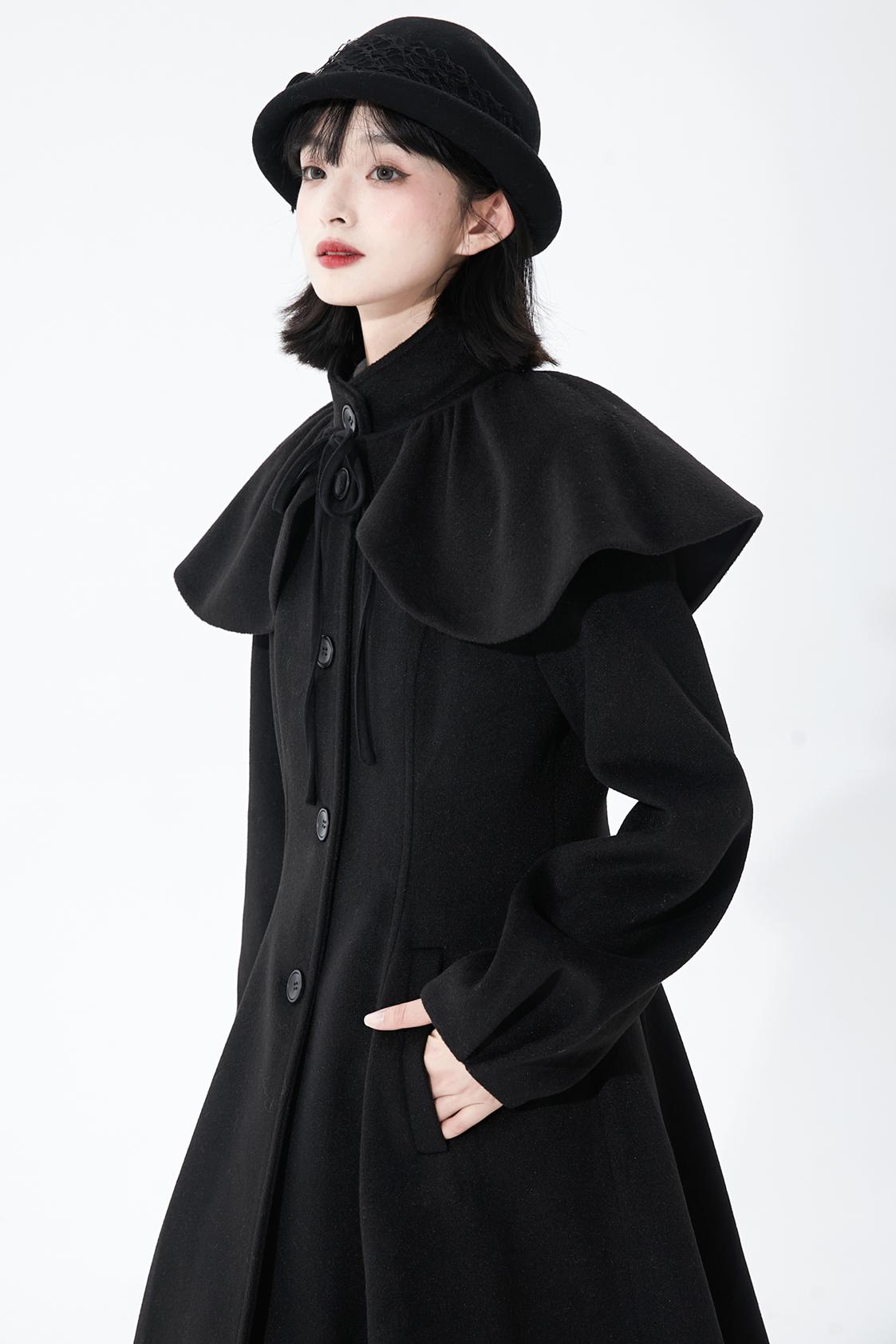 ブラックウールンショールコート