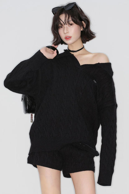 ケーブルニットポロセーター+パンツ