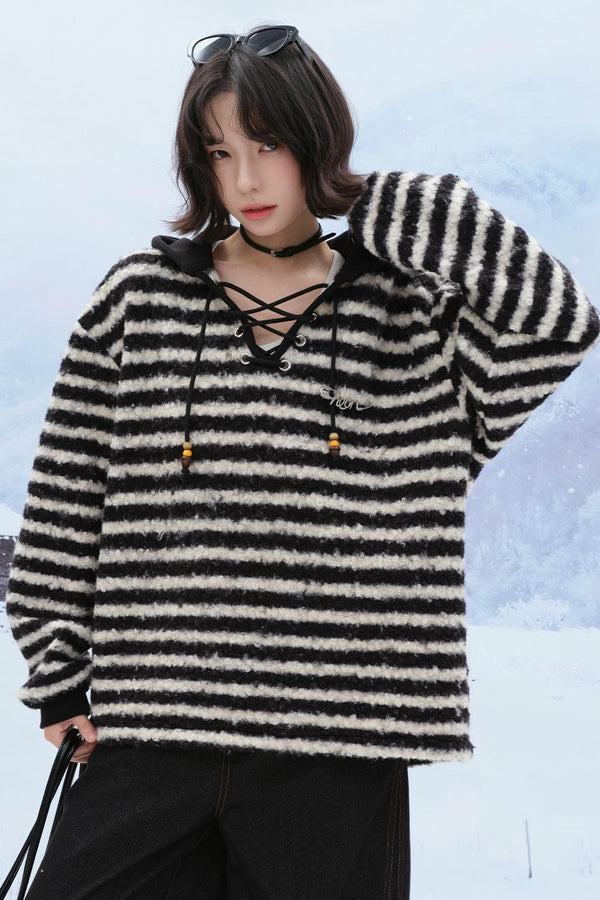 Striped plush hooded top