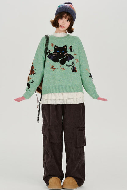 キャットジャガードレトロプルオーバートップス
