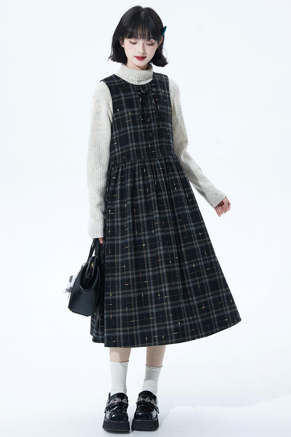 チェックパッチワークウールドレス