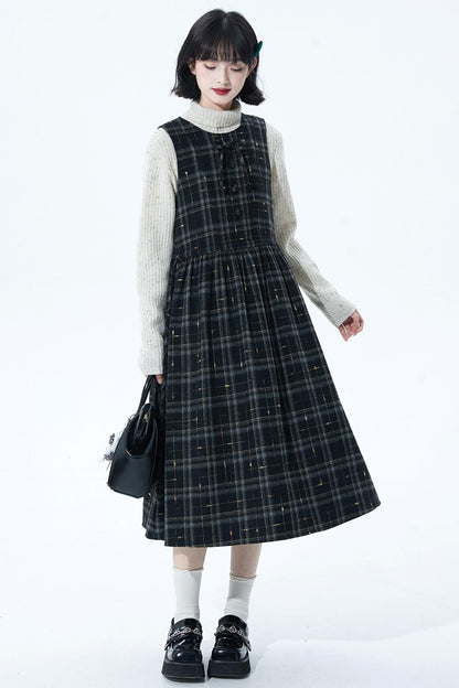 チェックパッチワークウールドレス