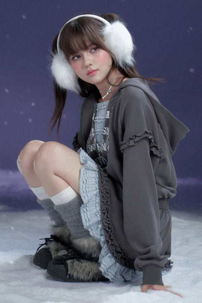 Gray-Blue Lace Hooded Dress