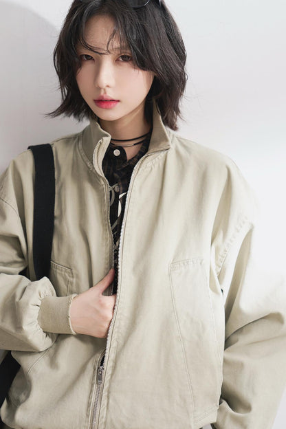 Relaxed Solid Stand Collar Jacket