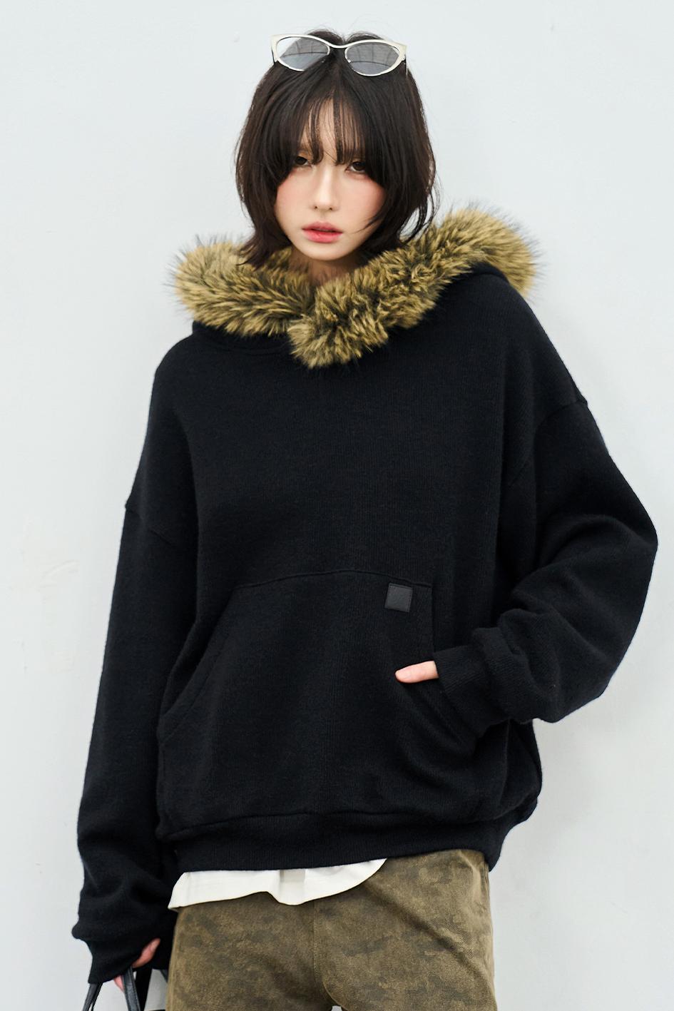 Knit Fur Collar Hooded Sweatshirt