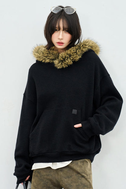 Knit Fur Collar Hooded Sweatshirt