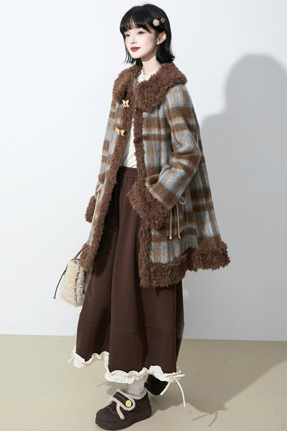 ブラウンチェックファーカラ―コート