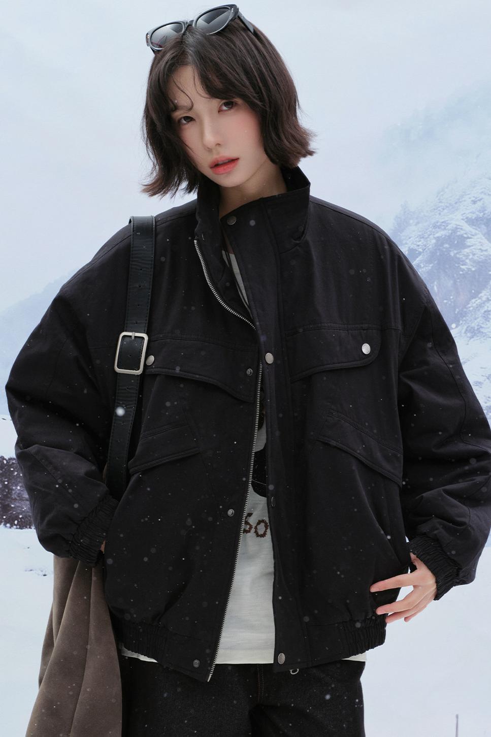 Solid cotton stand collar jacket