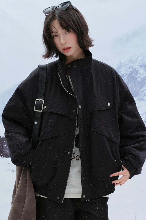 Solid cotton stand collar jacket