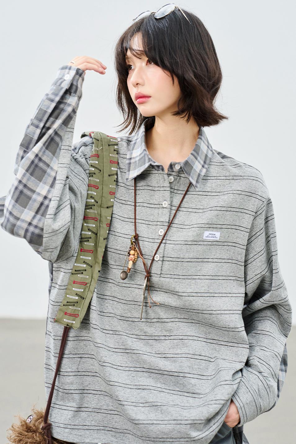 パッチワークストライプカラードシャツ