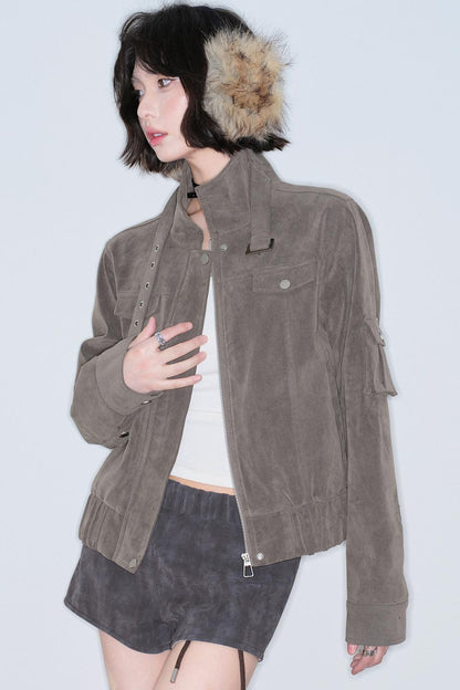 Retro Suede Stand-Up Collar Jacket