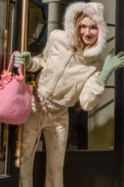 フローラルフラワーファーフードジャケット+ルーズコート+ロングパンツ