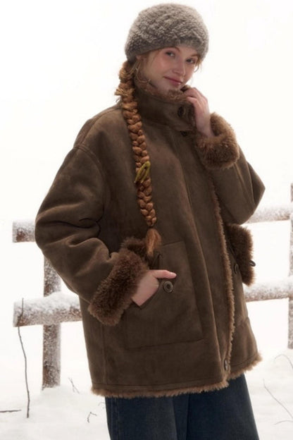 Reversible suede stand collar fur coat