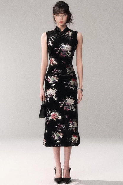 Gold Embellished Velvet Cheongsam Dress