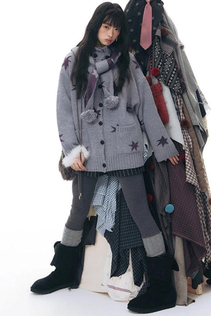 Reversible Star Cardigan + Fur Ball Hooded Scarf