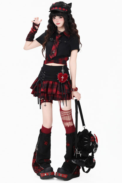 Gothic Plaid Mini Skirt with Heart Charm + Leg Warmers