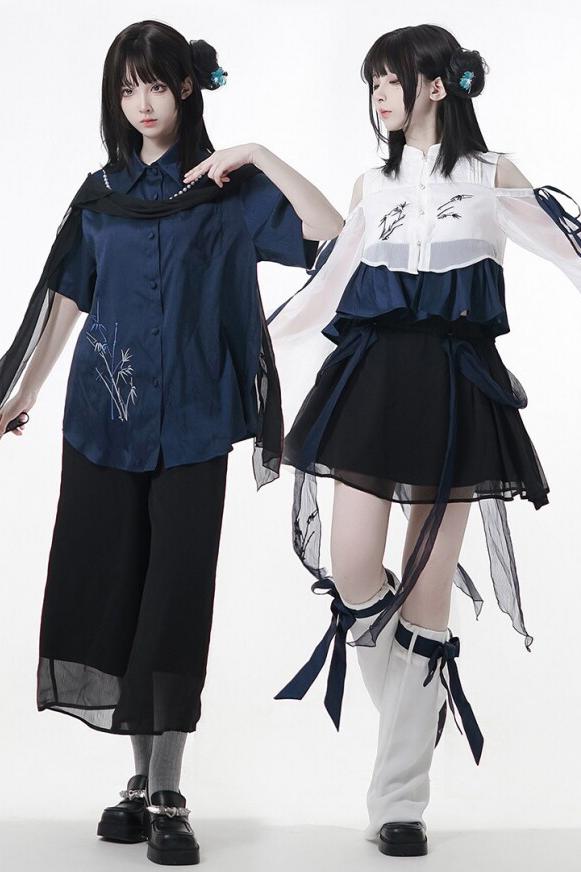 サブカルモダンチャイナトップス+パンツ＋オフショルダーシャツ＋スカート