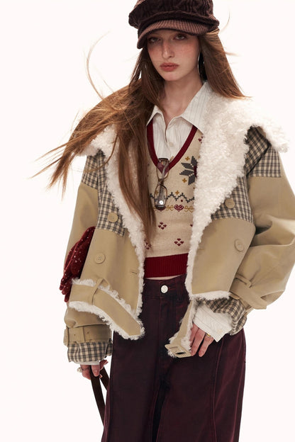 Plaid Patchwork Fur Collar Jacket