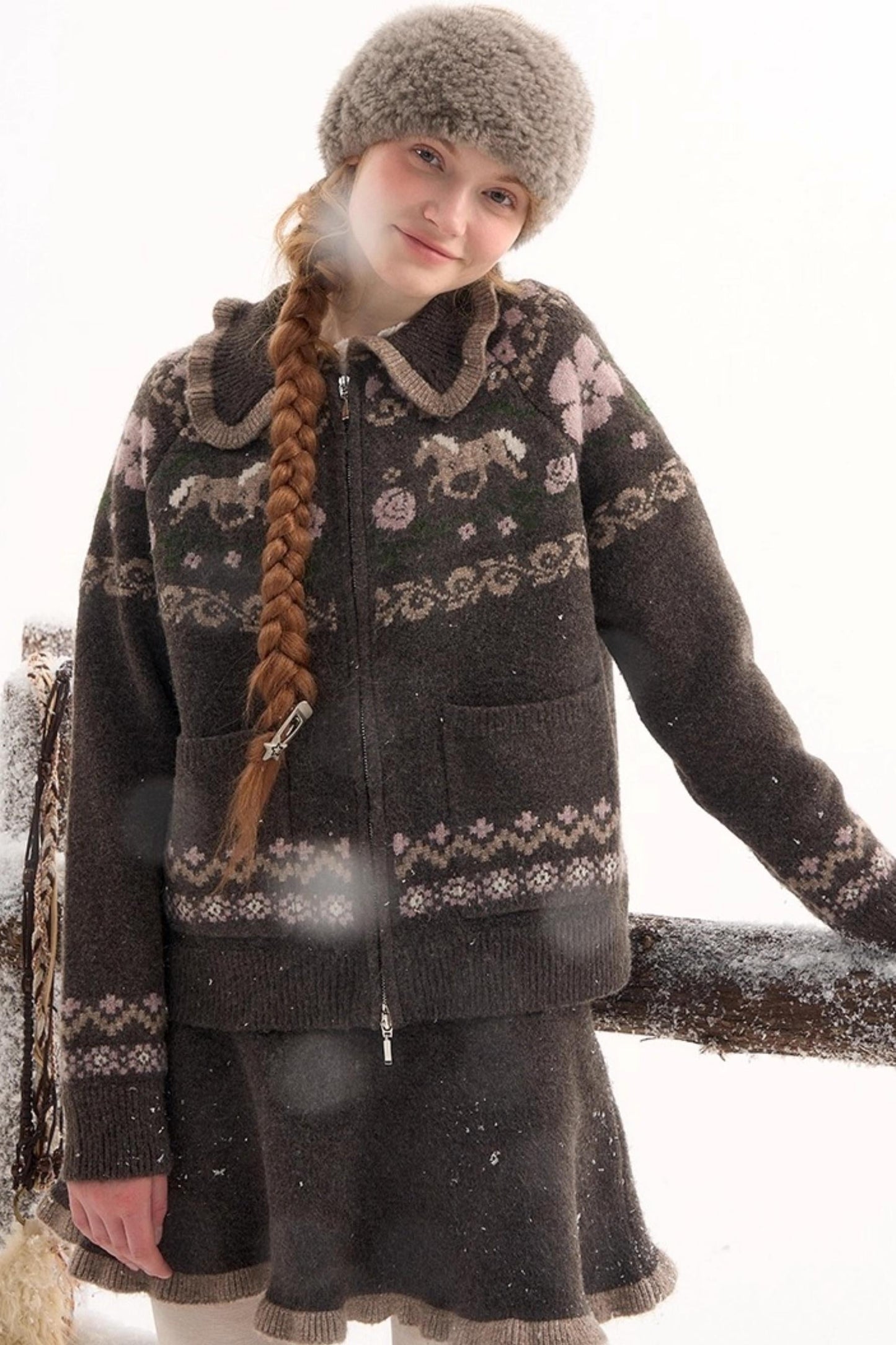 ポニーデザインジップニットトップス+ニットスカート