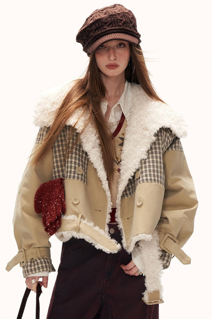 Plaid Patchwork Fur Collar Jacket
