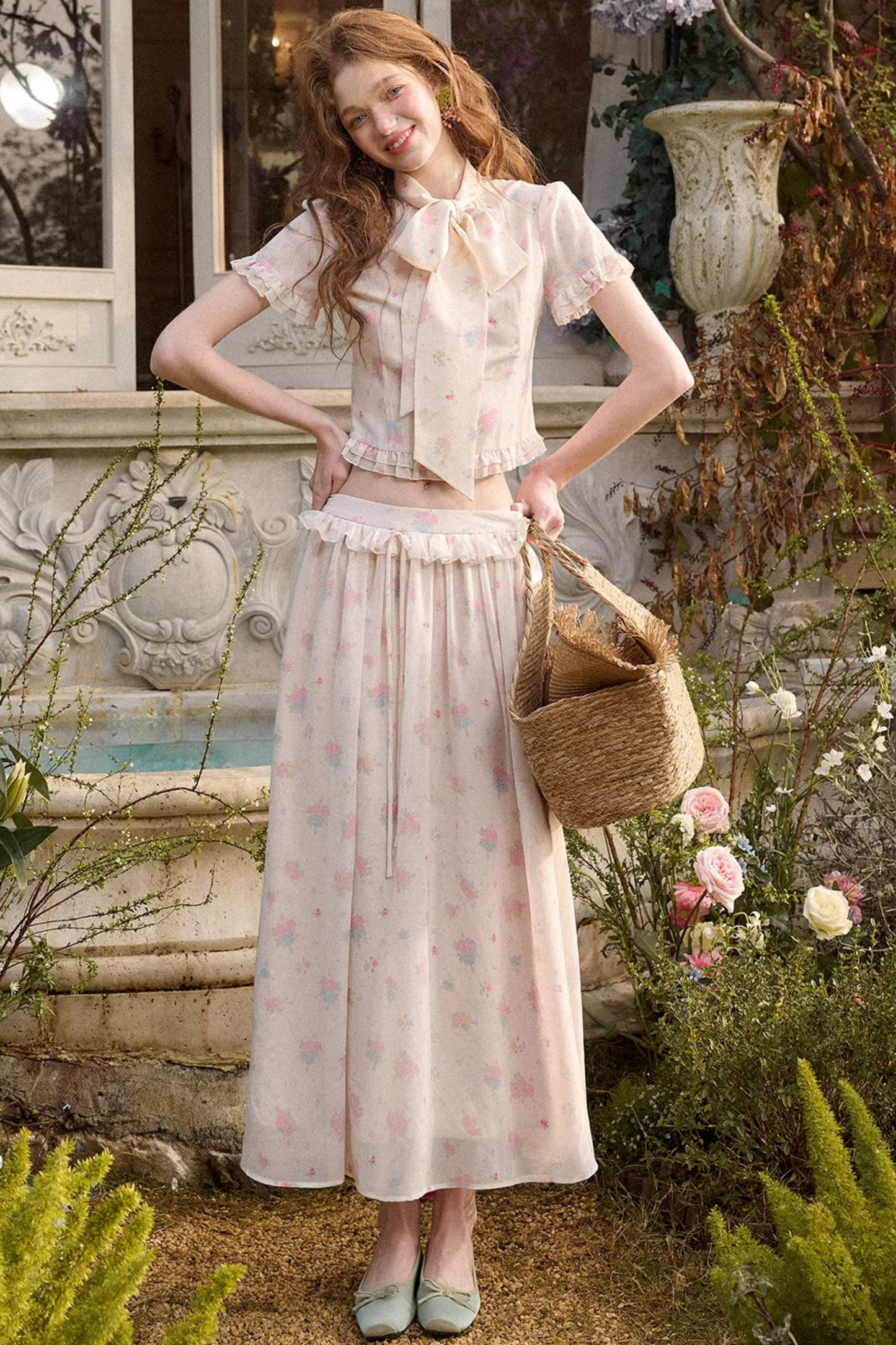 メディテラニアンプリントシフォントップス+スカート