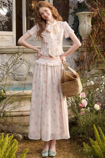 メディテラニアンプリントシフォントップス+スカート