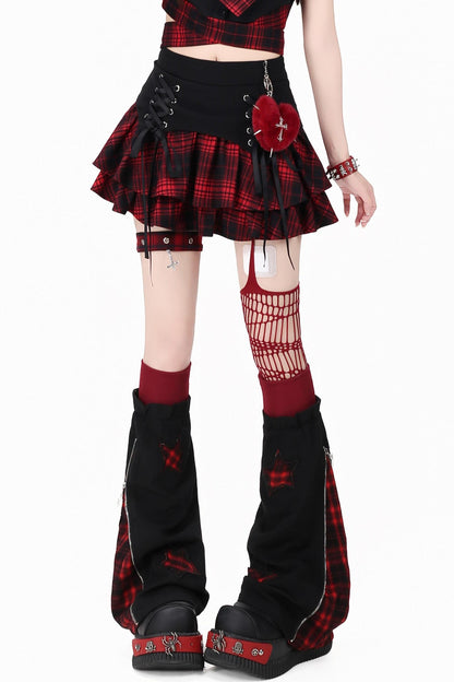 Gothic Plaid Mini Skirt with Heart Charm + Leg Warmers
