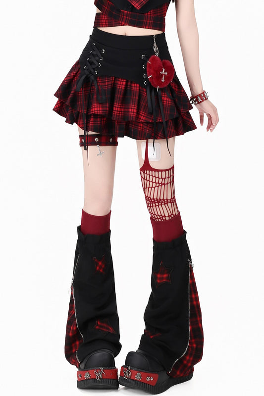 Gothic Plaid Mini Skirt with Heart Charm + Leg Warmers