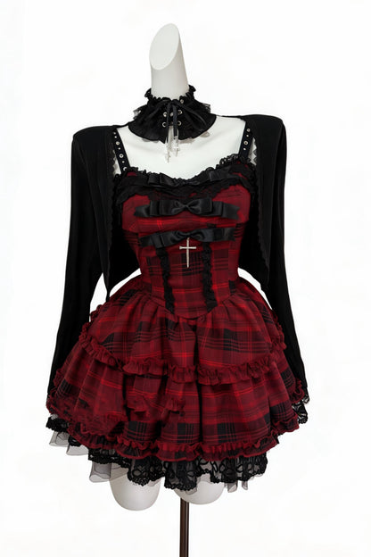 ゴシックブラックアンドレッドドレス+カーディガン+アクセサリー