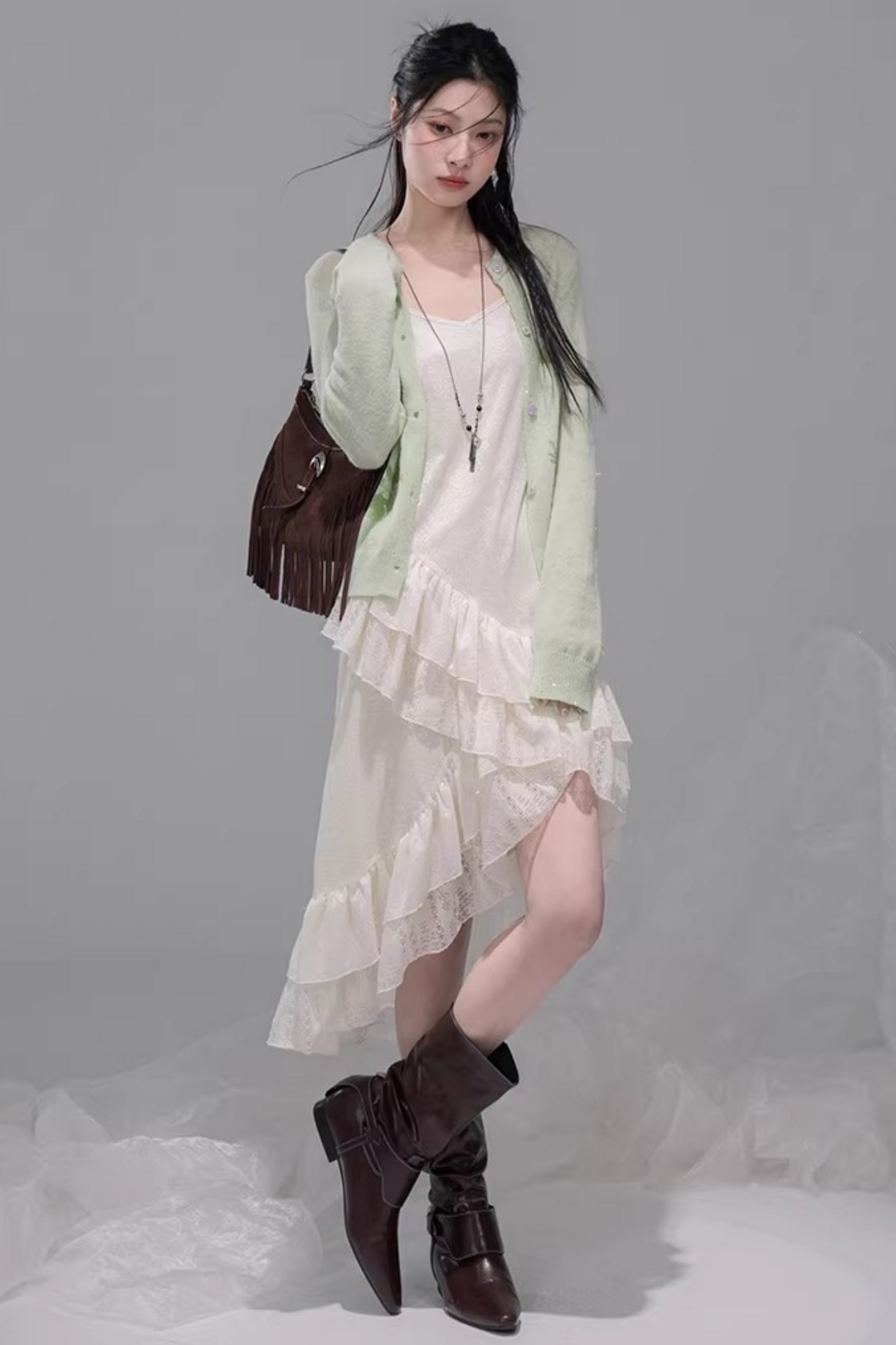 アシメレイヤーフリルキャミソールドレス+カーディガン