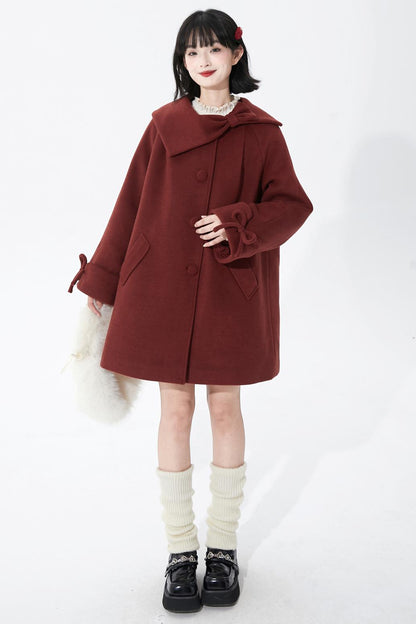レッドアシンメトリーボウウールコート