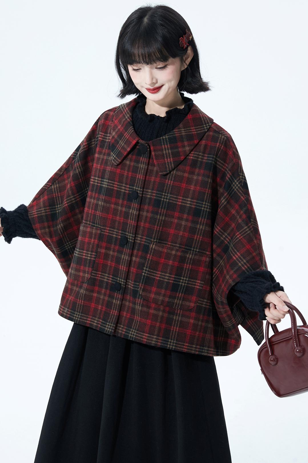 レッドブラウンチェックケープコート