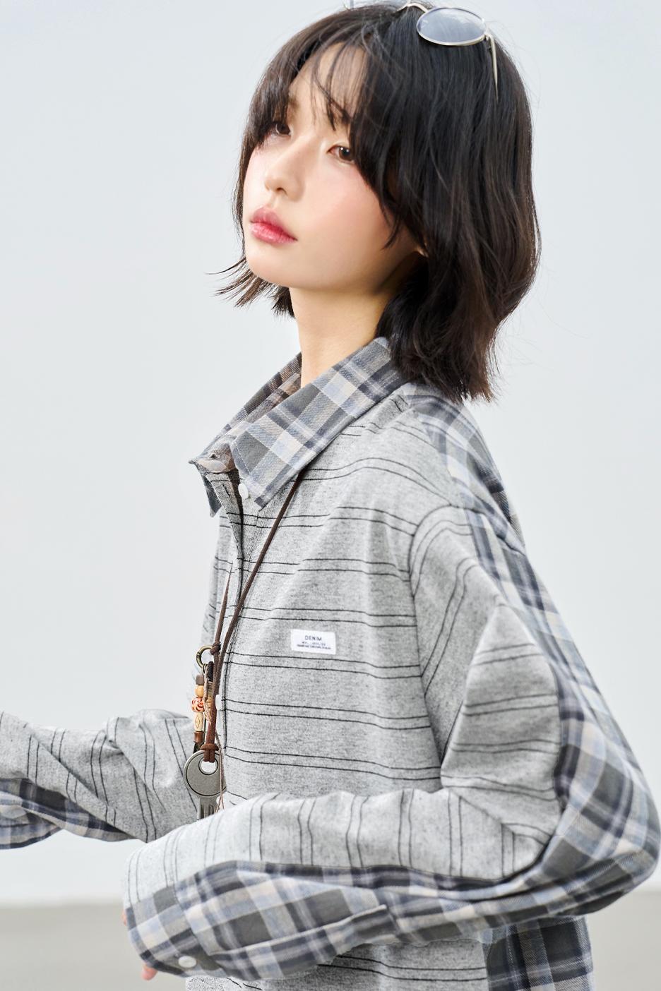 パッチワークストライプカラードシャツ