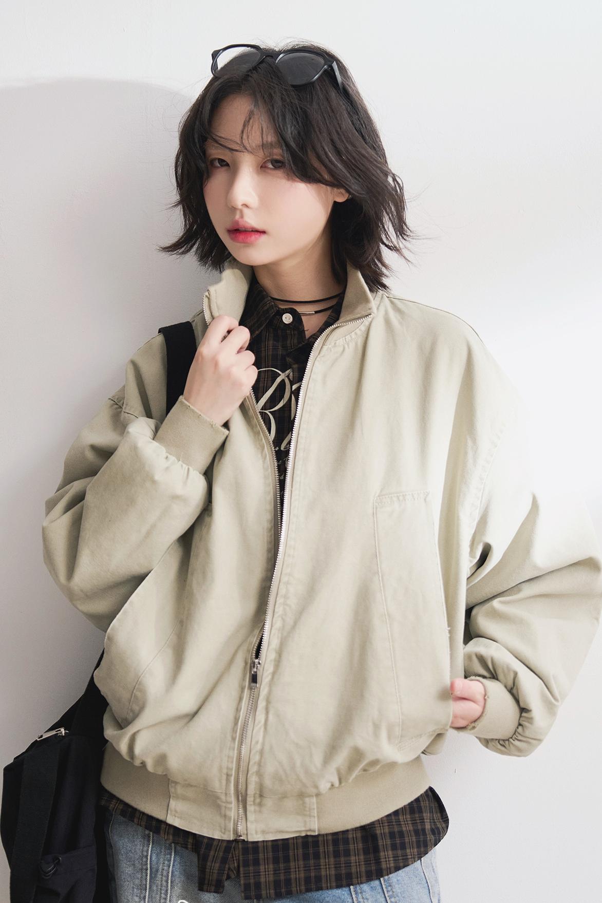 Relaxed Solid Stand Collar Jacket