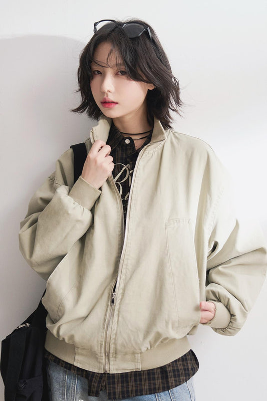 Relaxed Solid Stand Collar Jacket