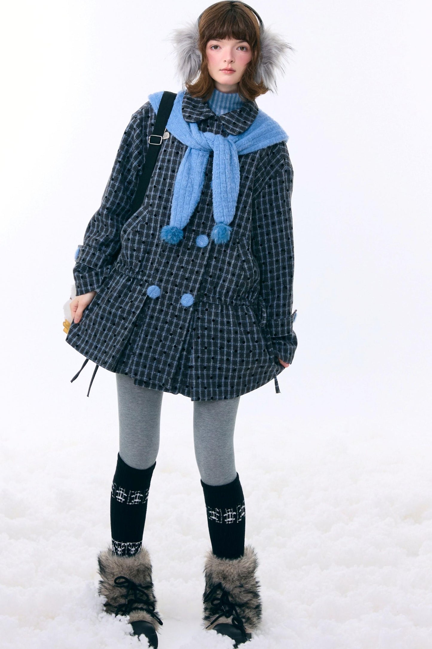 Checked Dot Doll Collar Coat