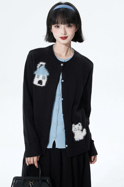 カラーブロックフロッキージャカードカーディガン