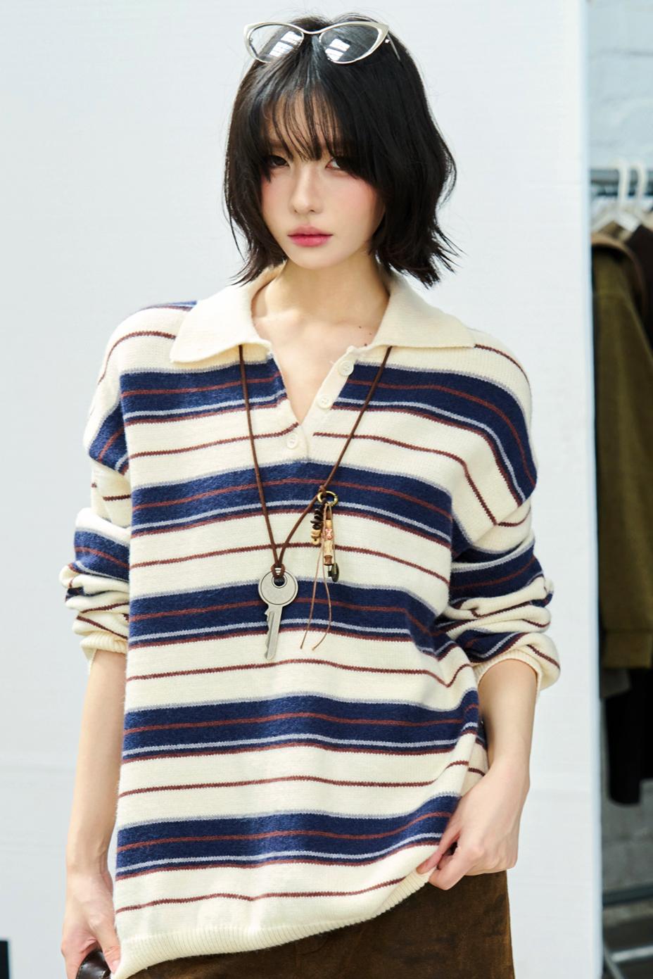 Striped Polo Collar Knit Sweater