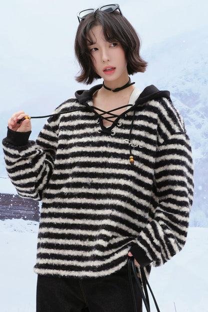 Striped plush hooded top