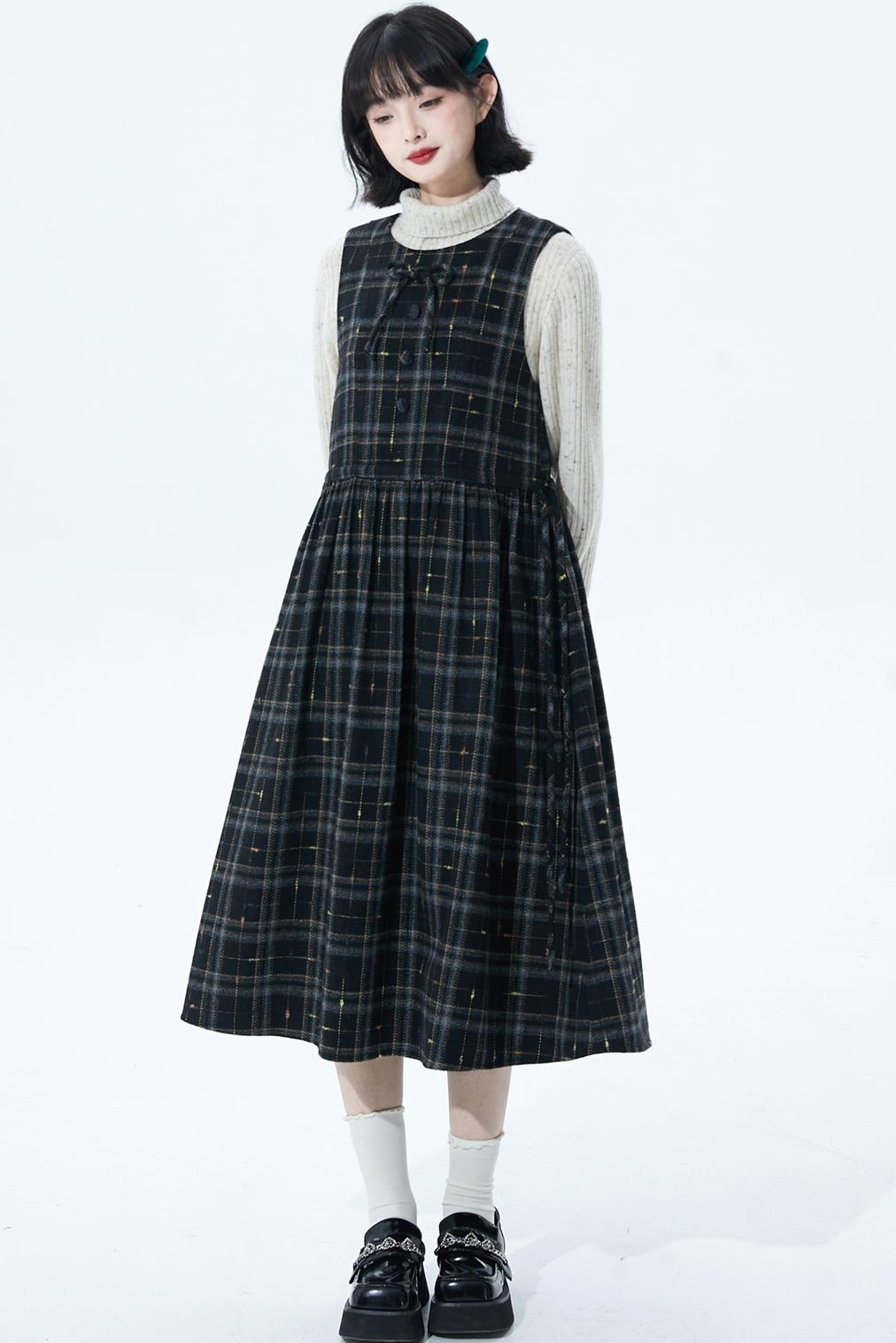 チェックパッチワークウールドレス