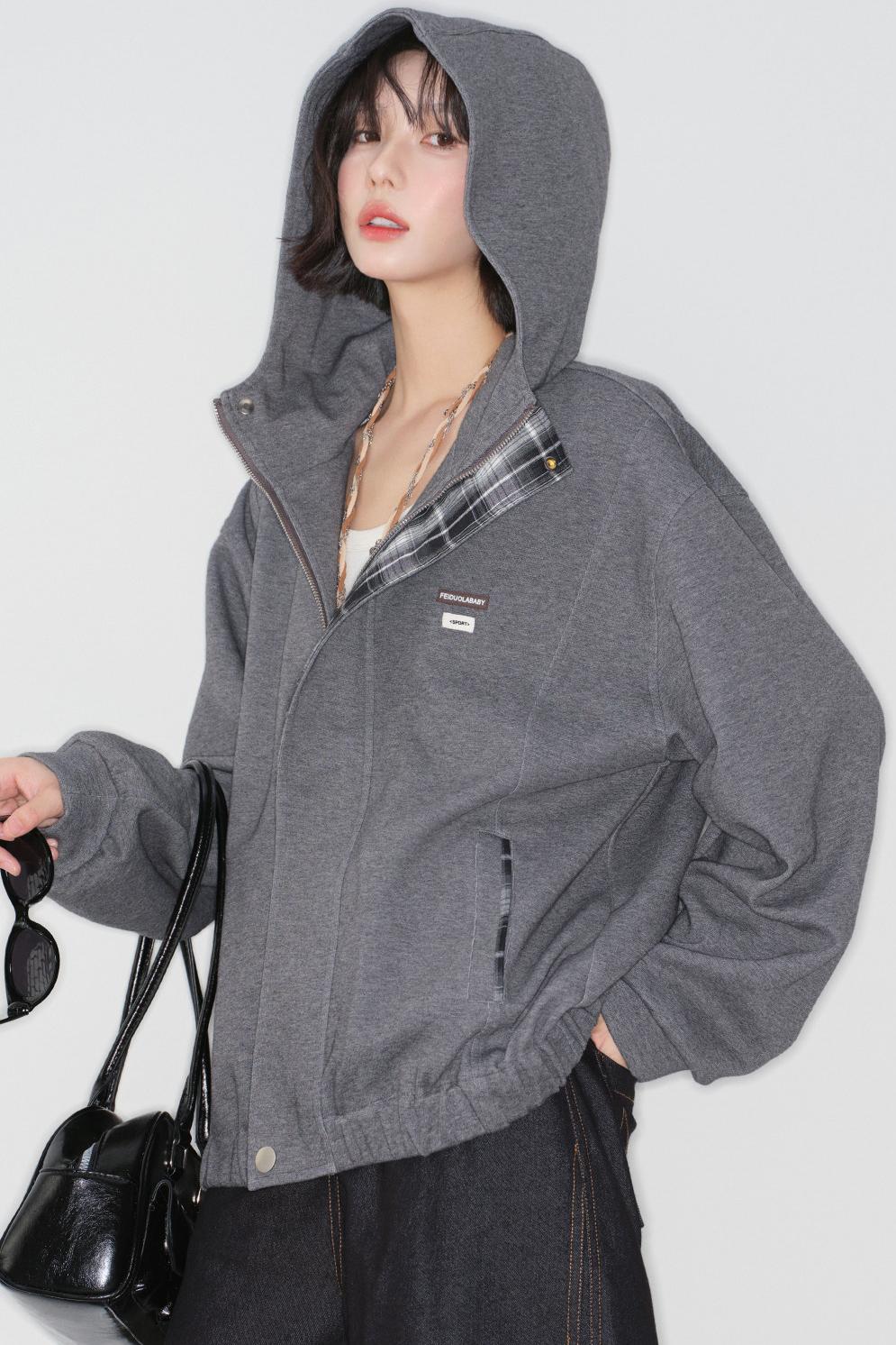 Plaid Patchwork Hooded Cardigan