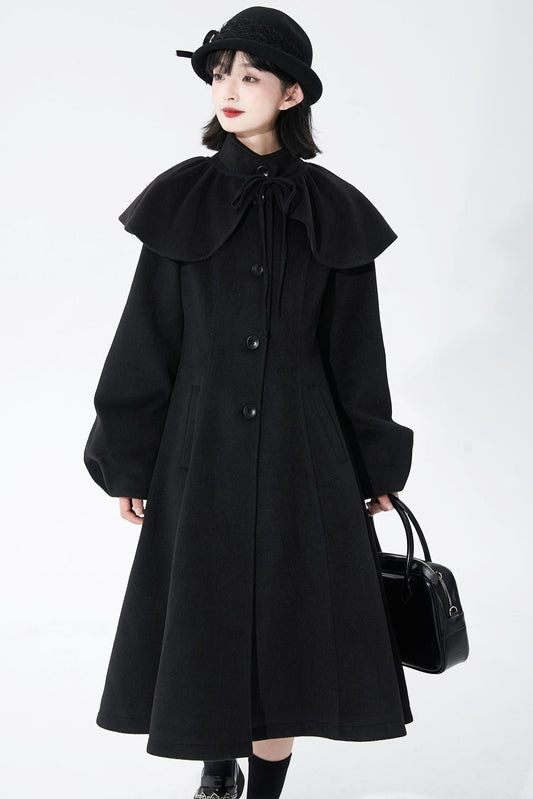 ブラックウールンショールコート