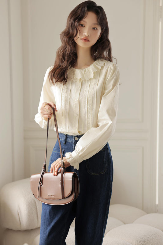 Ruffle Lace Collar Apricot Shirt